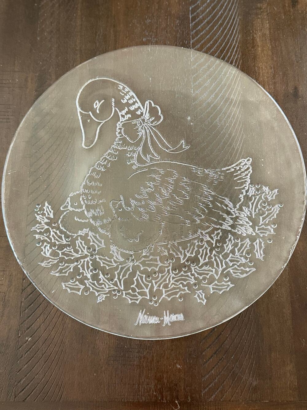 Vintage Neiman Marcus Christmas Glass Plate Etched Mother Goose Goslings Holly